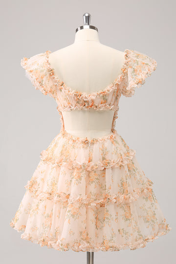 Yellow A-Line Ruffled Tulle Floral Print Homecoming Dress
